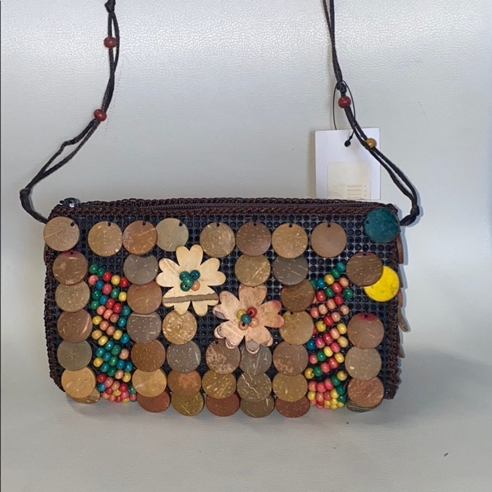 Wooden Beaded Crossbody Bag Purse Brown​​​​​